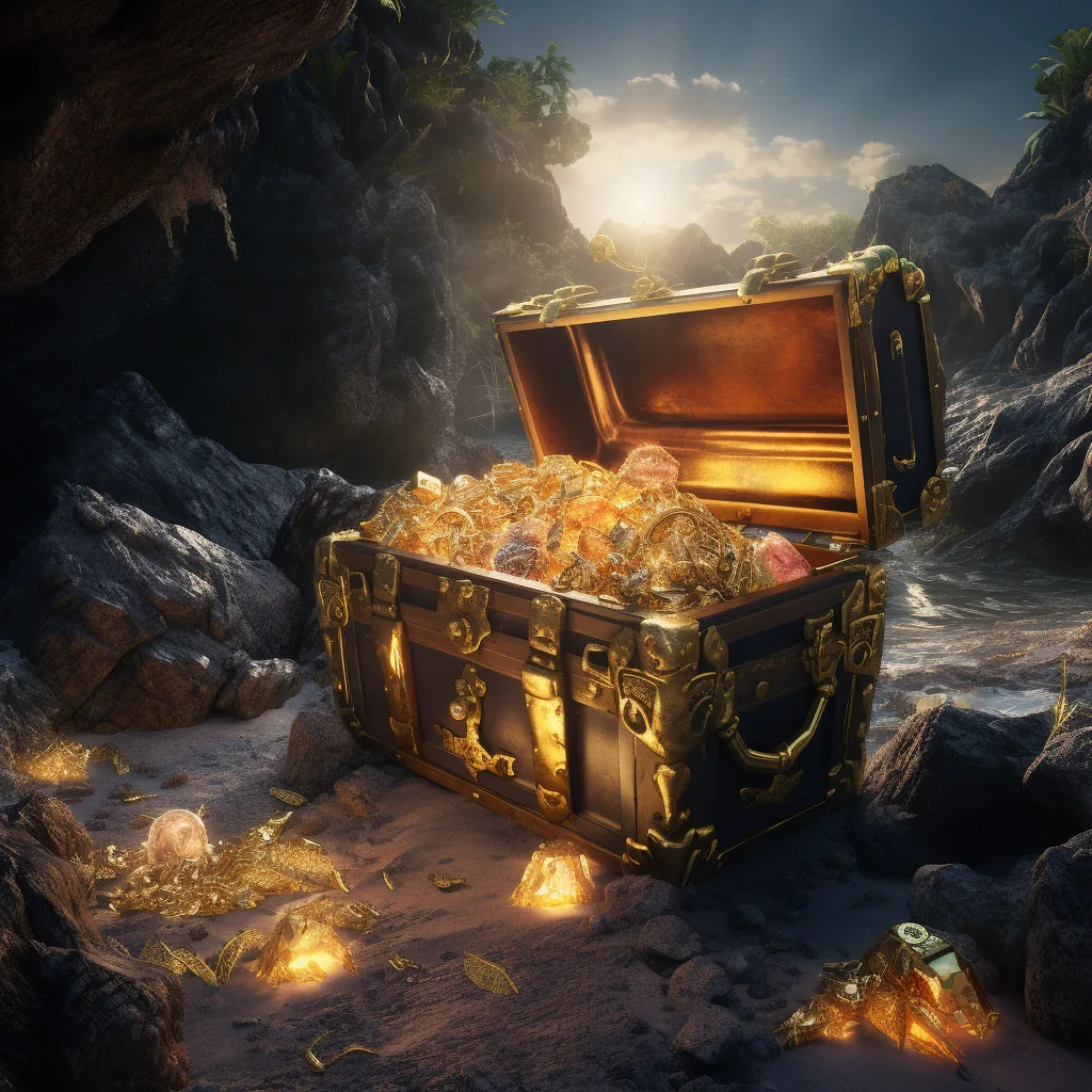 A gold-filled treasure chest glowing in a dark sea cave, the kind of cursed hoard at the heart of Dead Man's Chest