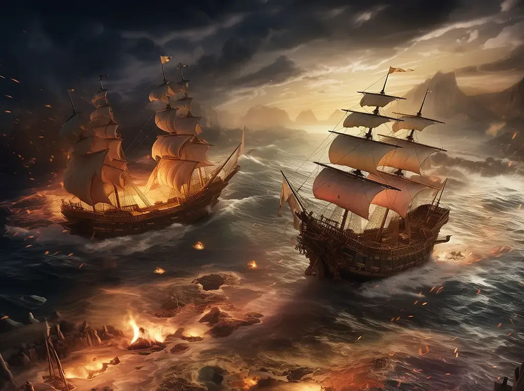 Two pirate ships duelling through burning seas, artwork used for the Dead Man's Chest Head-to-Head race