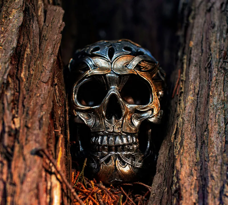 A tarnished silver skull wedged in old timber, a token of Davy Jones' curse in the Dead Man's Chest legend